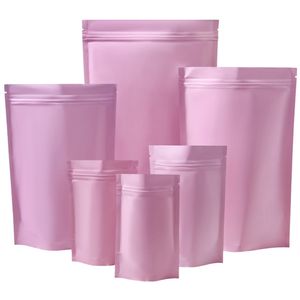 Bolsa de papel de aluminio de pie rosa mate Bolsa de autosellado reutilizable Muesca de lágrima Café Tuerca de alimentos Bolsas de embalaje de almacenamiento reciclables LX4225