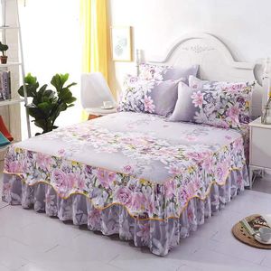 Mattress Pad 3Pcs Bed Sheet Cotton Pillowcase Lace Skirts Bedding Set Bedspread Elastic Fitted Mattress Cover Bedsheet Couple Quilt Single 230324