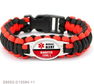 Alerta médica Diabético Tipo 2 Conciencia Tipo 1 Paracord Supervivencia Amistad Declaración Pulseras con dijes Pulseras para acampar al aire libre