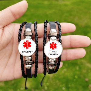 ID d'alerte médicale Type 2 Bracelet diabétique Men d'épilepsie Allergy COPD Verre personnalisée Photo Bracelets en cuir fait à la main Gift Bangles