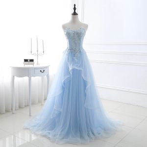 Médecine bleu clair robes de bal longue Sexy chérie Aline Tulle dentelle Applique perlée cristal femmes robe de soirée formelle