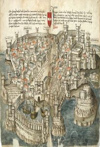 Ville portuaire médiévale de Rhodes Grèce vers 1490AD Affiche d'art en soie imprimée 24x36 pouces 60x90cm 0162894634