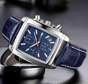 Megir Rectangle Dial Store de cuero Reloj For Men Casual Blue Cronograph Quartz Watches Man Wallwatch Montre Reloj 2112313342973