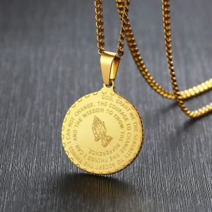 Pendentif disque en or jaune 14 carats pour hommes, mains de prière, verset biblique, médaille de prière, collier, bijoux