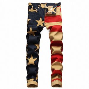 Hommes Drapeau américain Imprimer Jeans Fi Stripe étoiles numérique imprimé peinture Denim Pantalon Slim Stretch Crayon Pantalon 29pw #