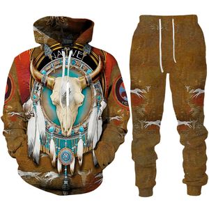 Men and Women 3D Printed Indian Native Style Casual Clothing Wolf Fashion Sweatshirt Hoodies and Trousers Exercise Suit 009