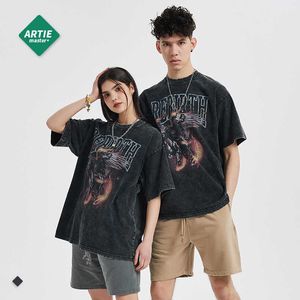 Camisetas para hombres y mujeres, ropa masculina Artie, primavera y verano, nueva camiseta usada con estampado de caballo de fuego, manga corta para hombres, lavado oscuro