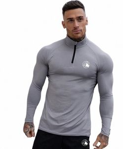 Hombres Culturismo Deporte Cremallera Cuello Camiseta de secado rápido Camisa para correr LG Manga Compri Gym Camiseta Hombre Fitn Tops ajustados Q6dV #