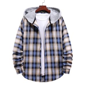 Camisas informales para hombre, chaqueta con capucha de manga larga, camisas holgadas de franela con botones a cuadros, moda de talla grande