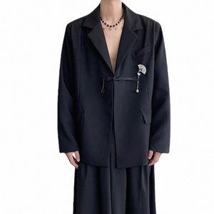 Hombres estilo chino metal accories flojo casual vintage fi blazers traje chaqueta hombre mujeres coreano streetwear blazer abrigo y62l #