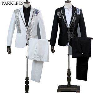 Hommes Double face 3D cristal broderie fleur hommes costume ensemble scène chanteur discothèque costume veste hommes costume pour mariage costume homme x0909