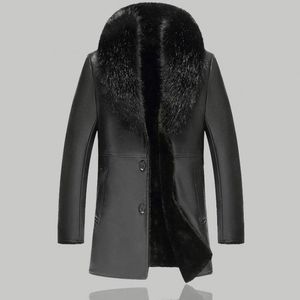 Men fashion large fur collar winter warm leather jacket 2018 Slim long single-breasted Slim Coats motorcycle leather jackets