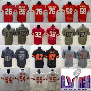 Football Super Bowls Jersey LVIII 95 Chris Jones 87 Travis Kelce 32 Nick Bolton 58 Derrick Thomas 26 Chris Williams Vintage Army Salute To Service Couture intouchable