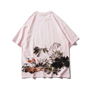 Hommes Hip Hop T-shirt Streetwear Imprimer Lotus Feuille Peinture Tshirt À Manches Courtes Coton Été Harajuku T-shirt Japon Rose Tee 210527