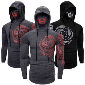 Hombres capucha sudadera elástica fitness tatuaje impresión con capucha sudor homme hombre hip hop ninja traje streetwear w220221