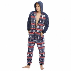 Hombres mono pijama cálido polar onesie navidad alce impresión lg manga pijamas franela cremallera sudadera con capucha ocio hombre onesie adultos 90fV #