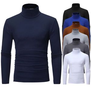 Camisetas de marca tejidas para hombre, jersey fino elástico ajustado de color sólido, cuello alto para primavera y otoño