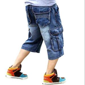 Men Loose Baggy Denim Shorts Men Jeans Streetwear Long 3/4 Capri Cargo Shorts Pocket Bermuda Male Multi-Pocket Denim Shorts H1210