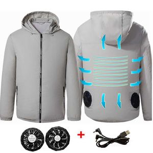 Hombres al aire libre chaquetas de verano USB ventilador eléctrico abrigo de refrigeración hombres aire acondicionado ventilador ropa USB Heatstroke verano capucha chaqueta 211013