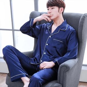 Men Pajama Sets Silk Satin Pijama Turn-down Collar Sleepwear Long Sleeve Spring Nightwear Male 2 Pieces Sets Homewear CM11 201023