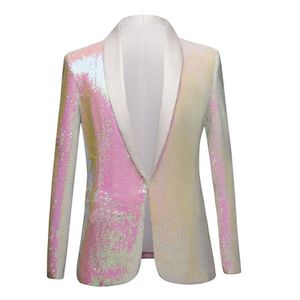 Hombres Puro Blanco Rosa Lentejuelas Mantón Solapa Traje Blazer Doble Lado Moda Hombre Vestido De Fiesta Traje Chaqueta Club Nocturno Cantante Slim Fit Tuxe243k