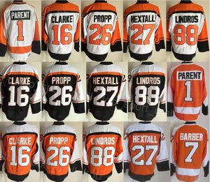 Hombres Retro Hockey 88 Eric Lindros Jersey 16 Bobby Clarke 27 Ron Hextall 26 Brian Propp 1 Bernie Parent 7 Bill Barber 8 Dave Schultz Vintage cosido Negro Naranja Blanco