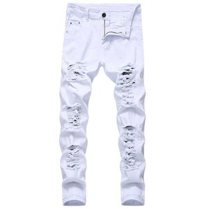 Hommes Ripped Jeans Blanc Rouge Noir Stretch Slim Fit Printemps Automne Denim Pantalon Distressed Hip Hop Streetwear Biker Jeans Pantalon X0621