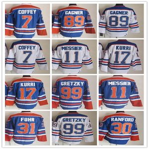Chandails de hockey vintage d'Edmonton 99 Wayne Gretzky 11 Mark Messier 30 Bill Ranford 7 Paul Coffey 89 Sam Gagner 17 Jari Kurri 31 Grant Fuhr Cousu CCM Retro Uniforms Blue