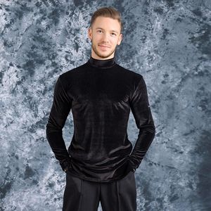 Stage Wear hommes adultes danse latine hauts automne hiver vêtements d'entraînement velours noir à manches longues col haut salle de bal pratique chemise DL5235