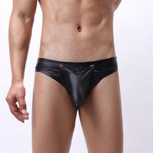 Bikini en cuir noir pour hommes string string Lingerie sous-vêtements caleçon poche de renflement culotte masculine t-back avec boucle Pouch206H