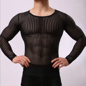 Body Shapers pour hommes Hommes Transparent Mesh Respirant Tops Sexy Gay Vêtements Gaze Chemises Homme Vêtements Rayé Voir à travers le maillot de corps