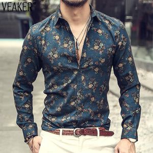 Camisas informales para hombre 2021 satén de seda con estampado Floral para hombre, camisa de fiesta ajustada de manga larga con estampado de flores, Tops M-3XL