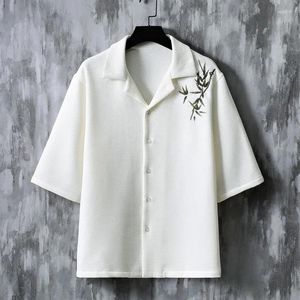 Chemises décontractées pour hommes 2023 Feuille de bambou revers chemise brodée costume haut couleur unie veste de mode coréenne simple boutonnage bouton