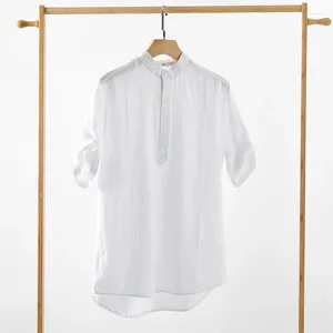 Camisas casuales para hombres 2023 Lino Henley Manga corta Básica Verano Stand Collar T Shirt Beach Plain White Blusa Tee