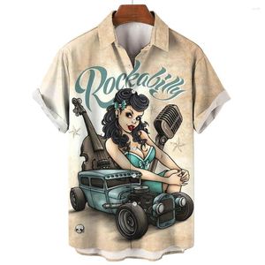 Chemises décontractées pour hommes 3D Vintage Mode pour hommes Violon Rocker imprimé Rockabilly Chemise hawaïenne à manches courtes Tops Homme Harajuku Ropa Hombre