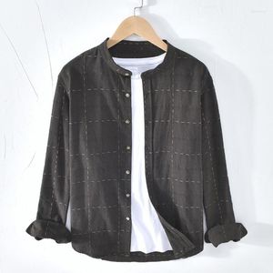 Chemises décontractées pour hommes coton lin hommes chemise à carreaux à manches longues col Mandarin mince qualité robe d'affaires Camisas TS-634