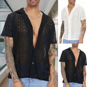 Chemises décontractées pour hommes Coton Sheer Openwork Hommes See-through Mesh Sexy Dentelle Manches courtes T-shirt Transparent Tops d'été Solide Cardigan à la mode