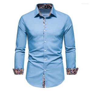 Chemises décontractées pour hommes, chemise boutonnée à manches longues, couleur Denim, col haut, Original