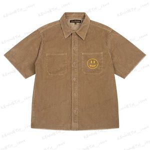 Mannen Casual Shirts DREW Bieber's losse lachende gezicht geborduurde letters gewassen corduroy werkkleding korte mouwen voor mannen T230317