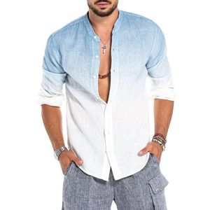 Camisas informales para hombre, Color degradado, algodón, lino, cuello levantado, manga larga, botones, Tops, otoño, primavera, ropa para hombre