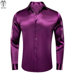 Chemises décontractées pour hommes Salut-Cravate de luxe en soie unie Chemises habillées pour hommes à manches longues Pure Purple Red Solid Suit Shirt Casual Formal for Wedding Business Gift 230320