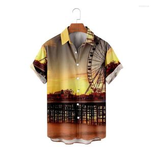 Chemises décontractées pour hommes Chemise hawaïenne pour hommes Beach Ferris Wheel 3D Imprimé Loose Short Sleeve TopMen's Eldd22