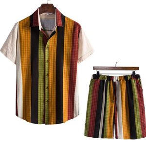 Chemises décontractées pour hommes Chemise hawaïenne à rayures Shorts de plage Ensembles à manches courtes Vintage Bouton Blouse Mens Summer Coton Costume 2 pièces