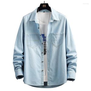 Chemises décontractées pour hommes Chemise en jean à poches pour hommes Classique à manches longues en jean délavé Top Bleu foncé clair