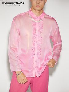 Chemises décontractées pour hommes Hommes Chemise Mesh Patchwork Transparent Revers 2022 Manches longues Streetwear Ruffle Party Discothèque Sexy Camisa S-5XL INCERUN