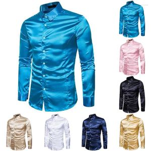 Chemises décontractées pour hommes Hommes Chemise Soie Satin Luxe Lisse Mens Solide Tuxedo Business Slim Fit Blouse Brillant Robe de mariée en or