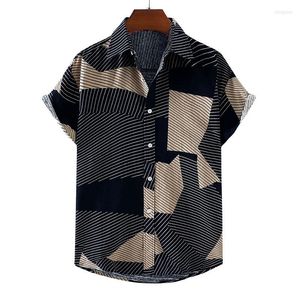 Chemises décontractées pour hommes Mens Beach Cotton Linen Hipster Vintage Striped Button Down Short Sleeve Hawaiian Aloha Shirt Hommes Vêtements de vacances