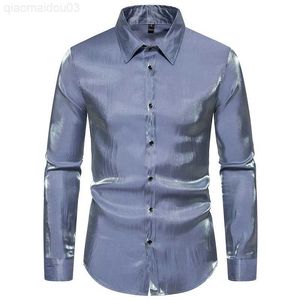 Camisas casuales para hombres Camiseta de satén azul seda azul Fiesta de boda Camiseta de seda brillante Emulación de seda camisas de manga larga Camiseta casual L230813