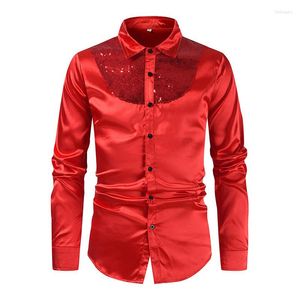 Chemises décontractées pour hommes Mens Luxury Red Sequin Stitching Silk Like Shirt À manches longues 70's Disco Party Dress Wedding Groom Stage Chemise