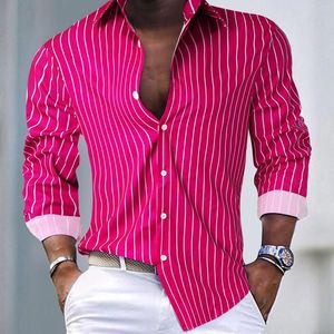 Chemises décontractées pour hommes Chemise à manches longues rayée pour homme Style Streetwear Rose Robe sociale Tenues masculines Club Party Bouton Top
